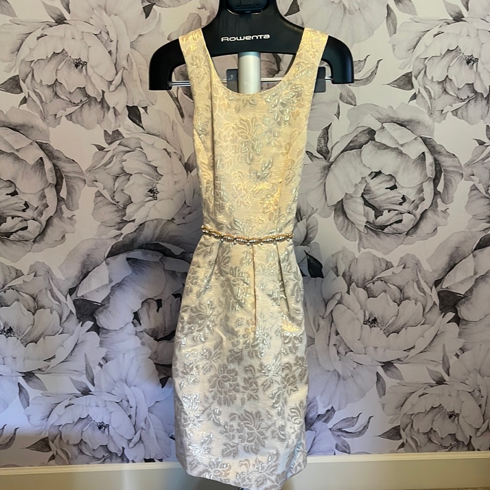 Gold floral cocktail dress.